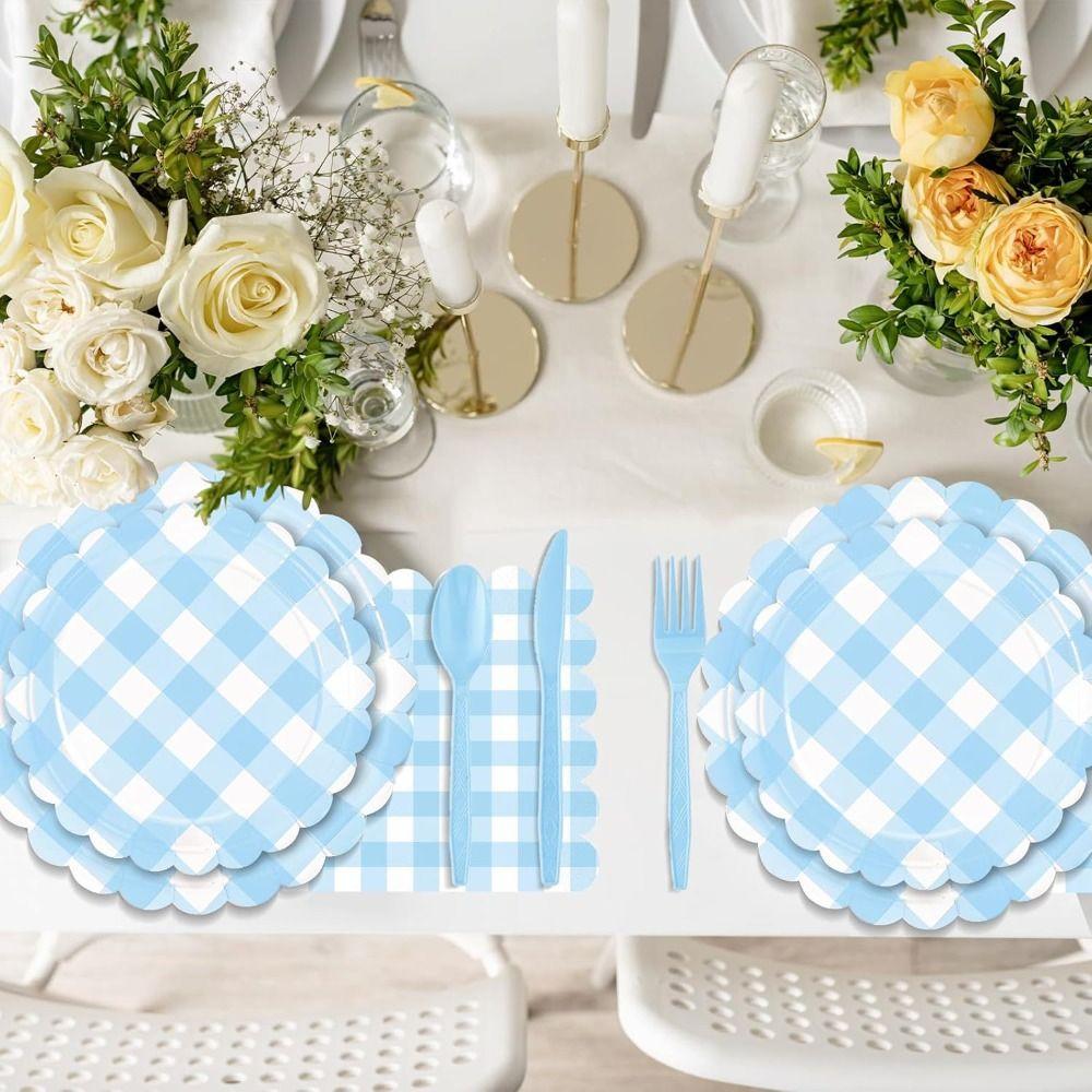 Napkin Tableware Set Blue Checkered Disposable Tableware New Party Supplies Birthday Party