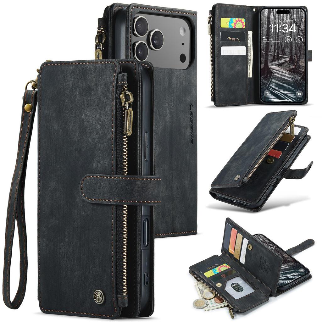 CaseMe-C30 Роскошный Премиум Кошелек из PU Кожи Чехол для iPhone17 16 15 14 13 Pro Max Многофункциональный Чехол-Кошелек на Молнии с Держателем для Карт Защитные Наклейки+Ремешок