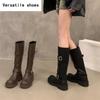 Winter Women Knee High Boots Fashion Belt Buckle Knight Long Booties Designer Square Heels Botas De Mujer