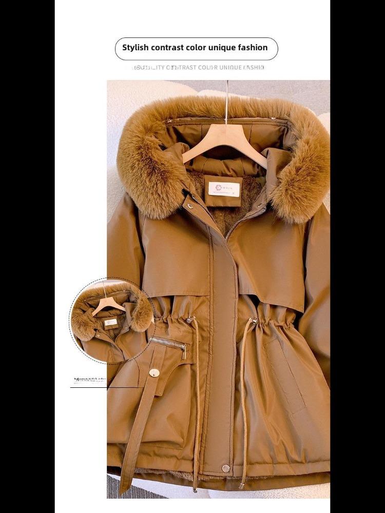 Korean Style Women's Velvet Cotton Parka Mid Length Hooded with Large Fur Collar Slimming Waist Plus Size Warm Autumn Winter Coat