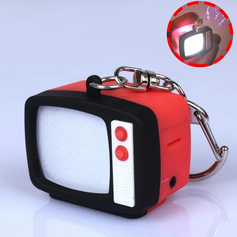 Retro TV Shaped Keychain with Light & Sound Miniature Television Tv Model Toy Pendant for Bag Charm Key Ring Chain