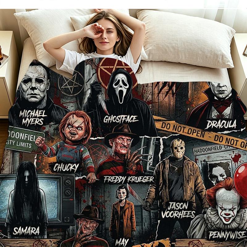 Horror Movie Series Print Flannel Blanket High Quality Warm Comfortable Cover for All Seasons Perfect for Gifts Home Decor