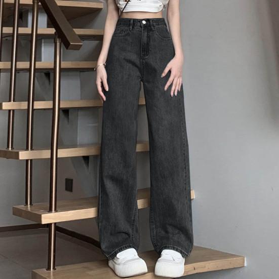 Women's Jeans with High Waist Zipper Closure Vintage Loose with Pockets Trousers Casual Wear Straight Wide Street Long Trousers