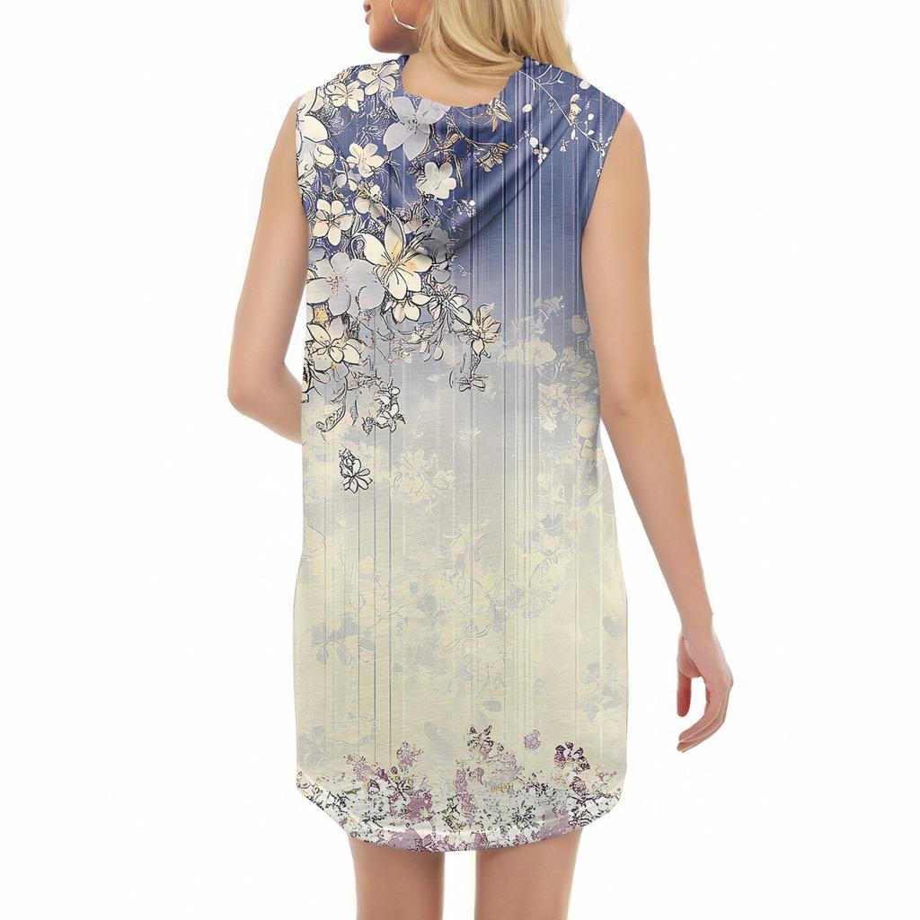 Women's Casual Fashion Round Neck Sleeveless Print Hooded Drawstring Dress