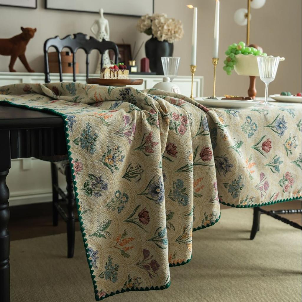 Tablecloth French Retro Green Plant Dining Table Cloth Jacquard Rectangular Tablecloth Hyacinth
