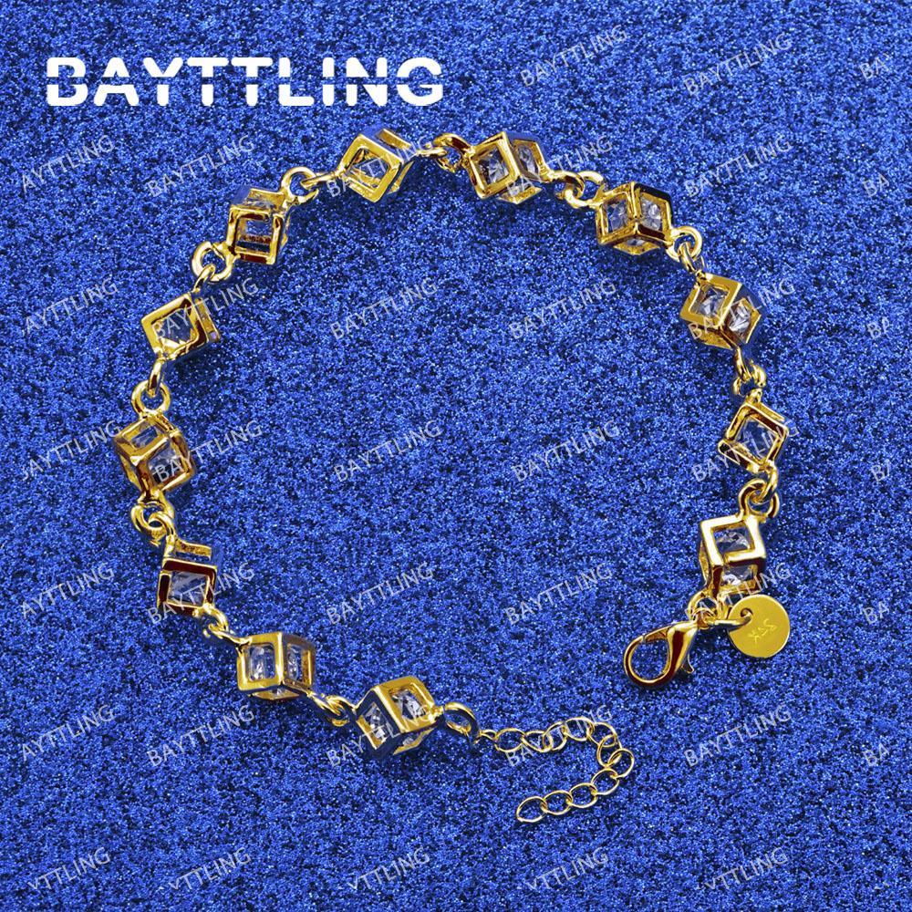 925 Sterling Silver 18K Gold 8 Inches Square Zircon Bracelet Women Men Fashion Charm Wedding Gift Jewelry Charm