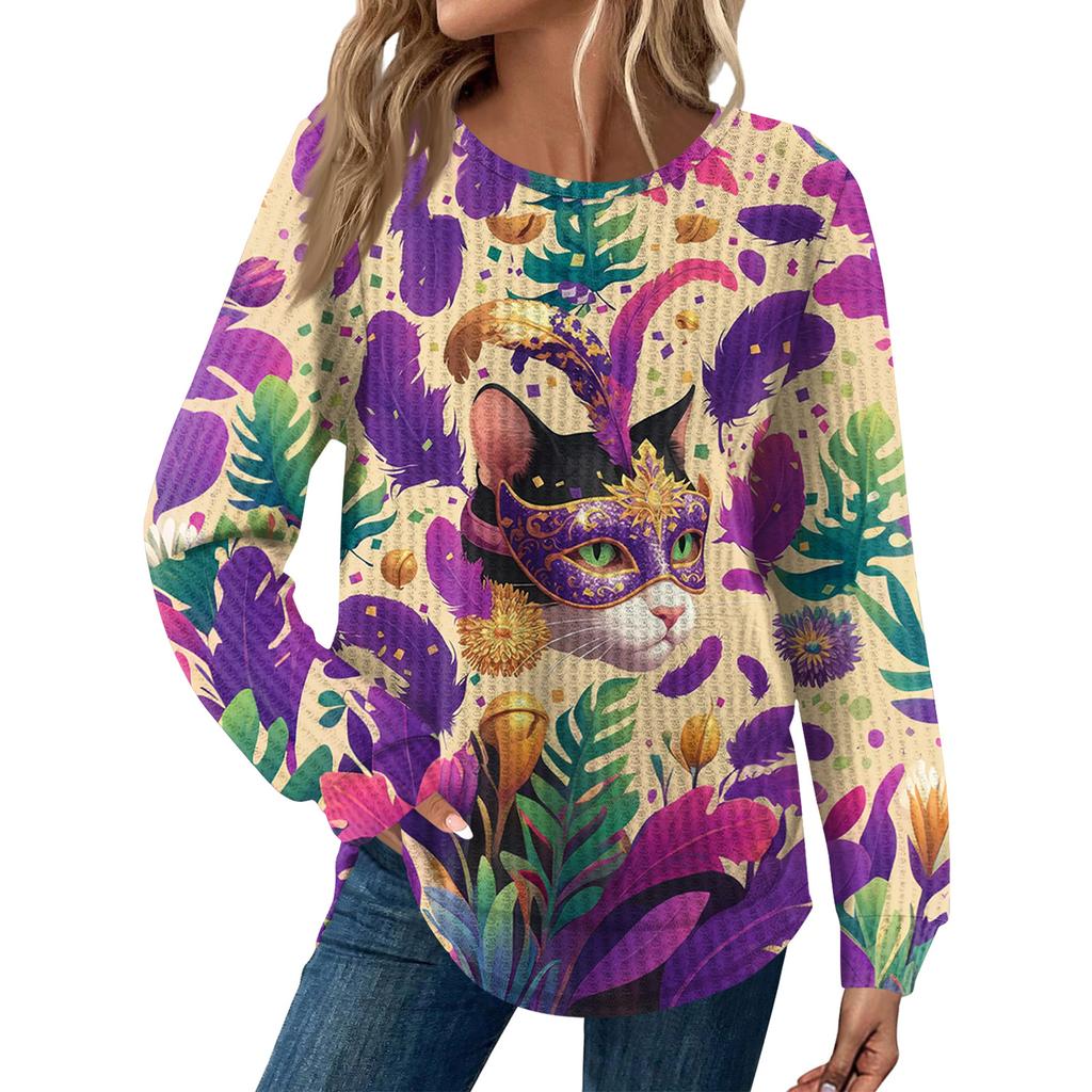 Women's Fashion  Loose Long Sleeve Carnival Print  Round Neck Casual Top