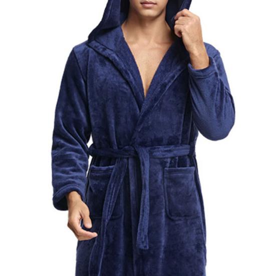 Men Nightgown Hooded Long Sleeve Belt Flannel Bathrobe with Pockets Solid Color Quick-Drying