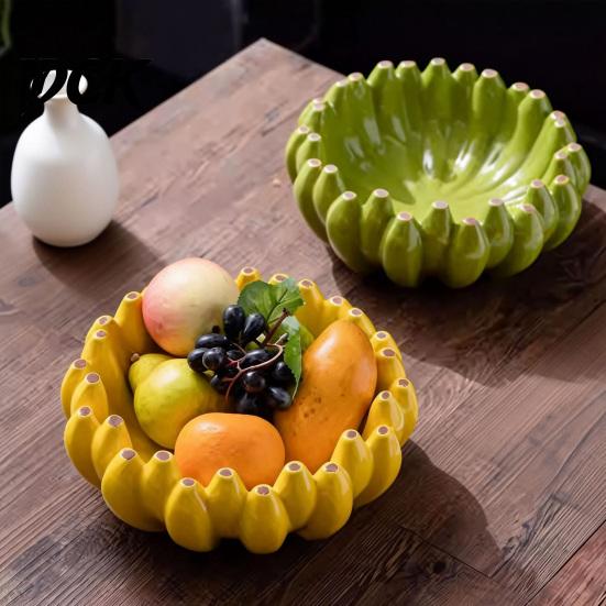 Unique Housewarming Gift Ceramic Banana Fruit Bowl, Creative Yellow Tray, Decorative Home Decor Table Accent Salad Bowl for Kitchen Dining