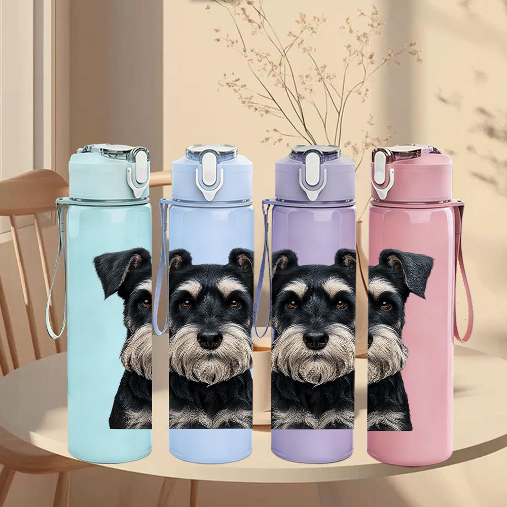 1PC Black Silver Schnauzer Bust 750ml Color Plastic Sports Water Bottle Leakproof Flip Straw Lid For Sports Office Home Use
