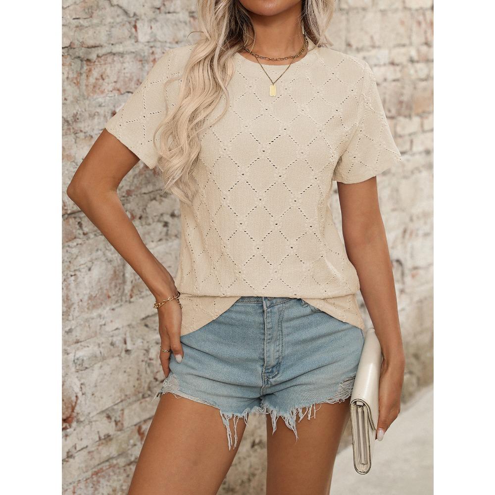 Новая летняя футболка с круглым вырезом и коротким рукавом, с имитацией вышитых цветов и жаккардом