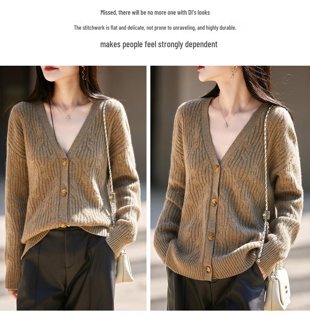 2025 Autumn/Winter Women's V-Neck Wool Cardigan - Loose, Solid Color, Long Sleeve Knit Sweater