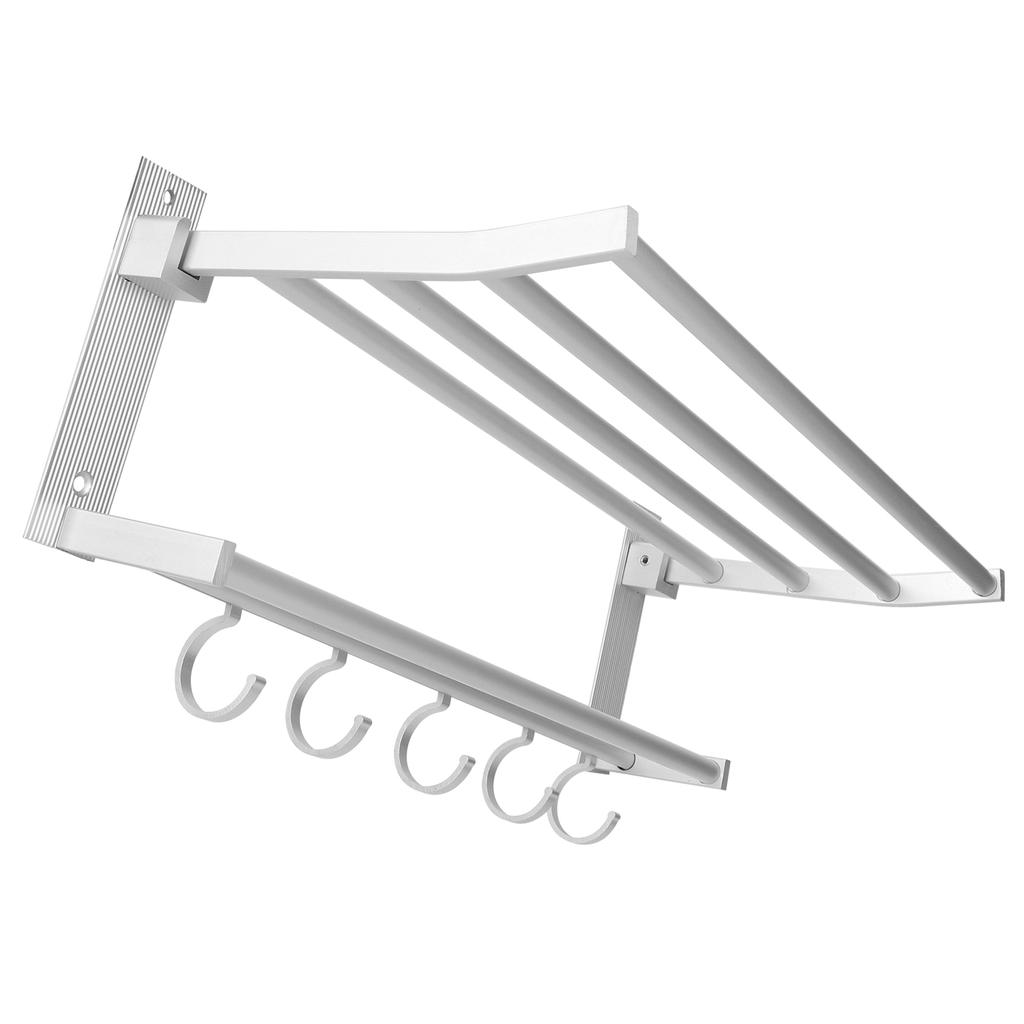 40cm Shower Shelf Foldable Aluminum Bathroom Towel Coat Rack with 5 Hooks Silver