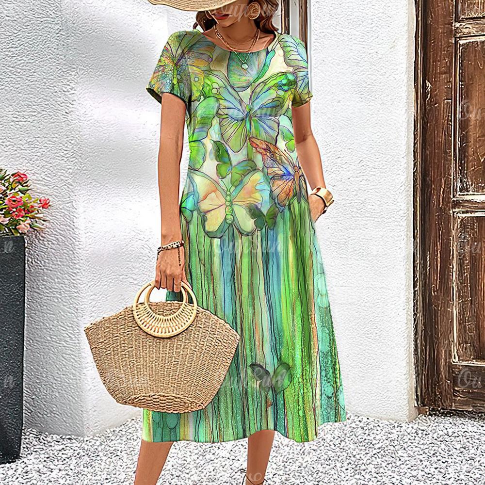 2024 Новые женские платья Элегантные летние платья миди с цветочным принтом для отдыха Женское платье с коротким рукавом Модная одежда больших размеров