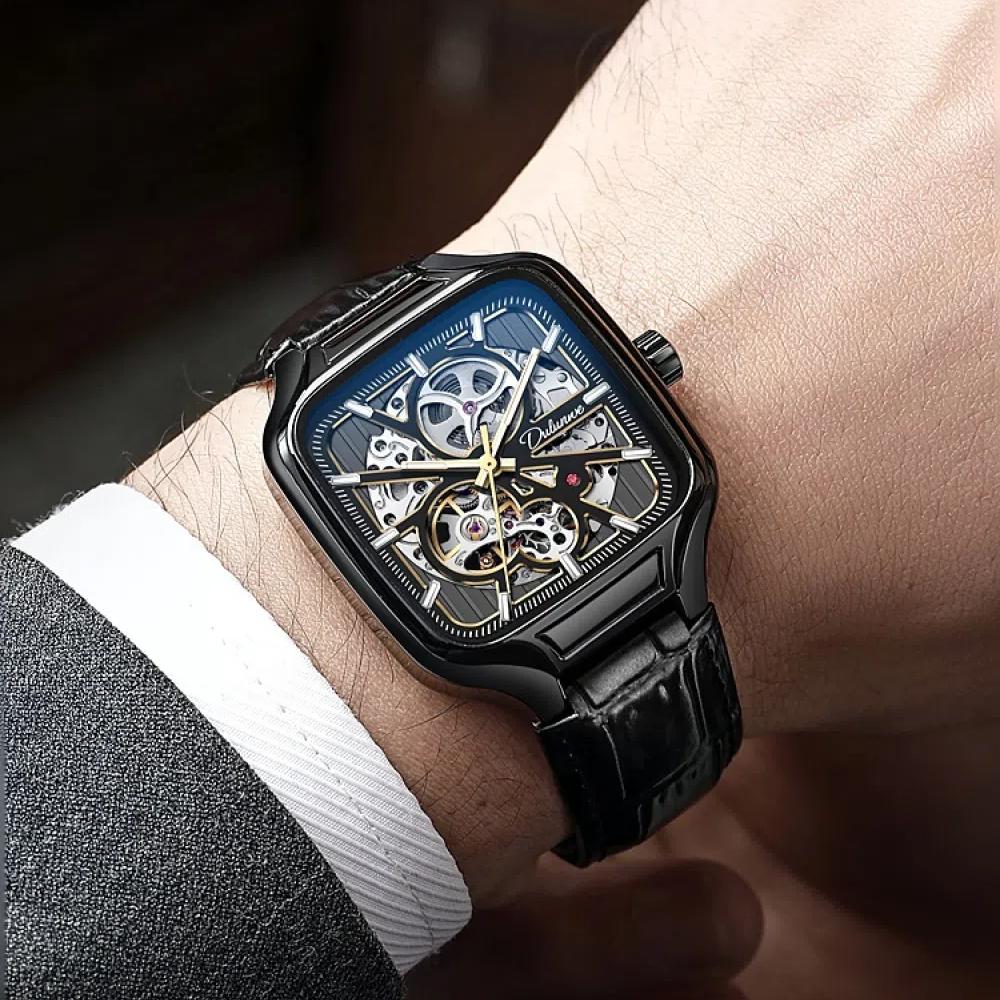 Dulunwe Квадратный циферблат светящиеся автоматические механические часы скелетон часы мужские модные наручные часы из нержавеющей стали