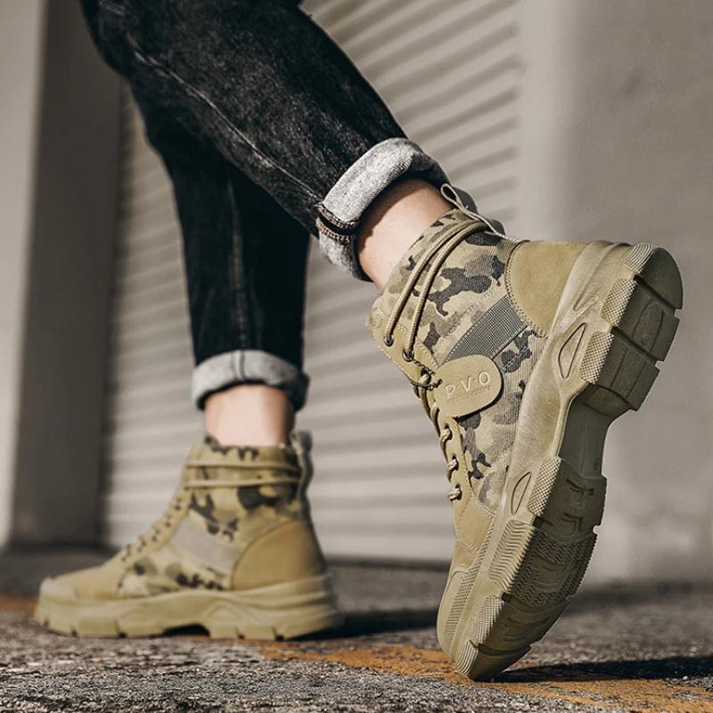 Камуфляжные туфли для мужчин, модные мужские ботинки на шнуровке для активного отдыха, 2024, новые ботильоны для мужчин, весенние массивные ботинки для пустыни