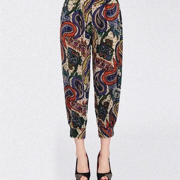 WTEMPO Женские летние повседневные брюки с высокой талией и широкими штанинами с цветочным принтом, женские свободные тонкие укороченные брюки большого размера с эластичной резинкой на талии