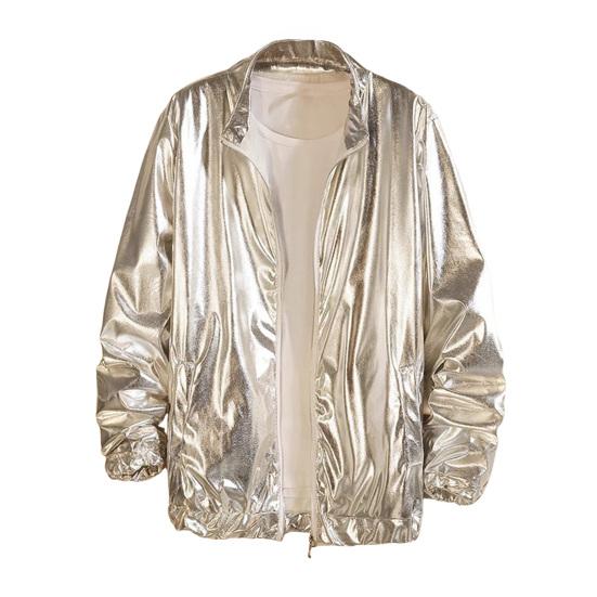 Мужское пальто со стойкой воротником, длинными рукавами, застежкой на молнии, карманами, однотонное, весенне-осеннее, с глянцевым дизайном, верхняя одежда