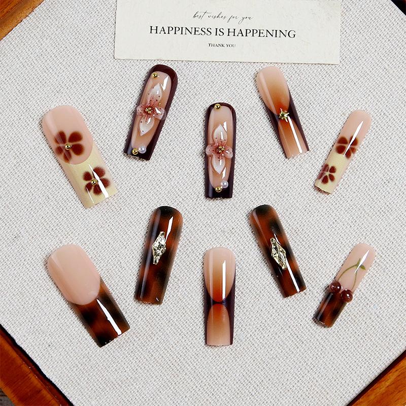 Wearable Long Water Pipe 3D Embossed Flower Manicure Nails Removable Fake Nails Wearable Nails