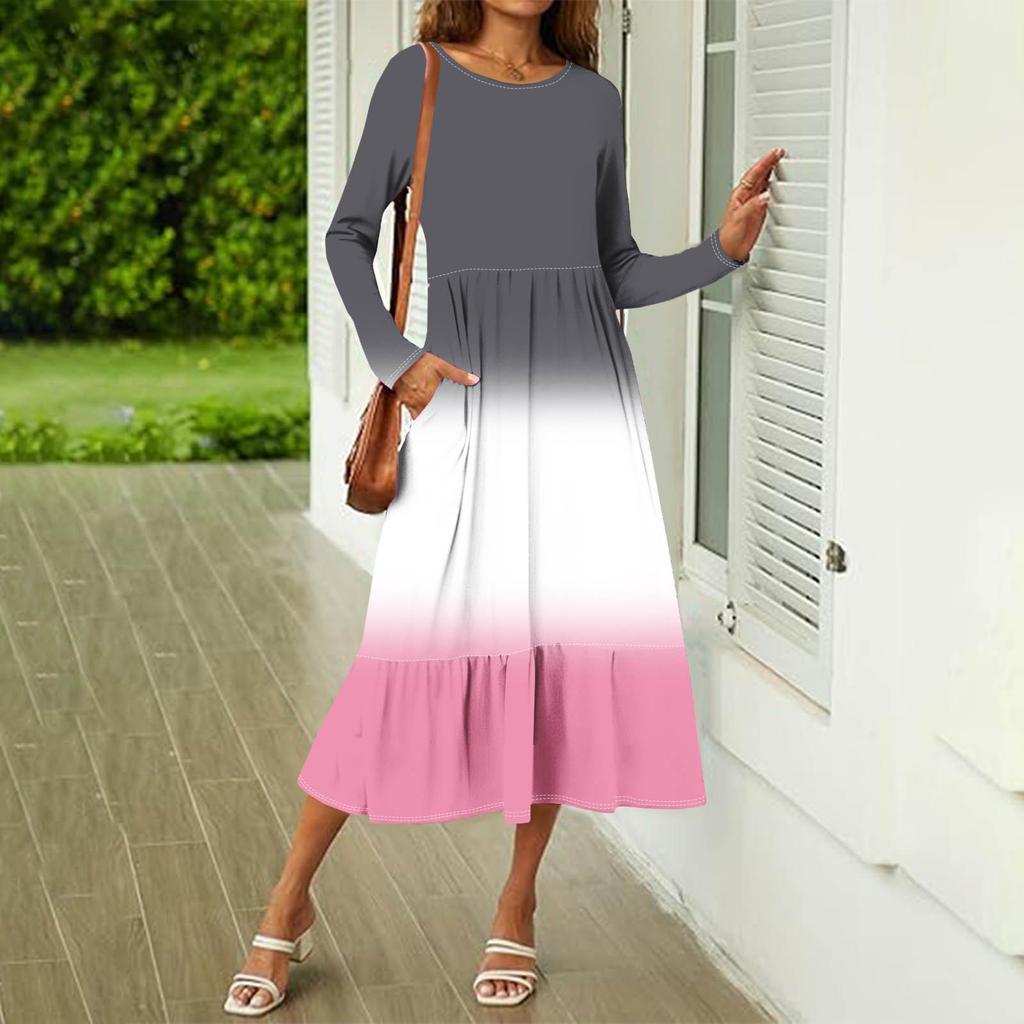 Women's Gradient Sequins Printed Casual Dress Spring Autumn Pocket Round Neck Long Sleeve Dresses