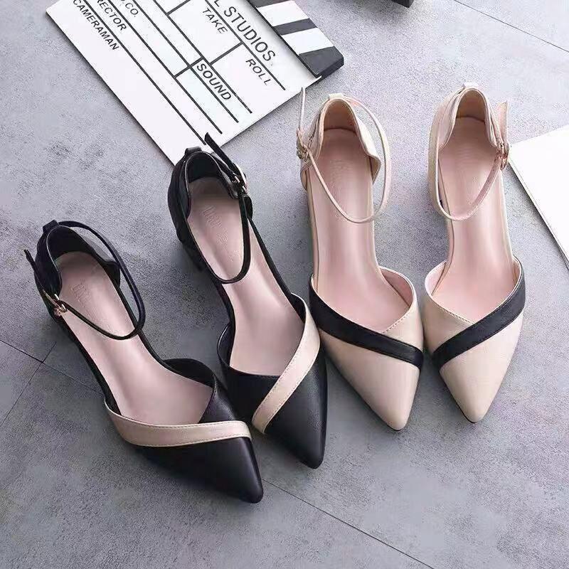 Baotou Sandals Women's 2025 New Korean Version Spring and Summer One-word Buckle Thick Heel Medium Heel Versatile Color Matching Pointed High Heels
