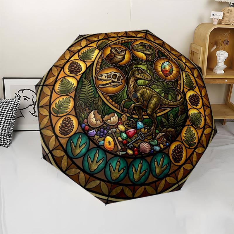 Dinosaur Glass Art pattern umbrella, portable and foldable design, 8 ribs, a casual accessory for Halloween, Christmas, and birthday gifts.