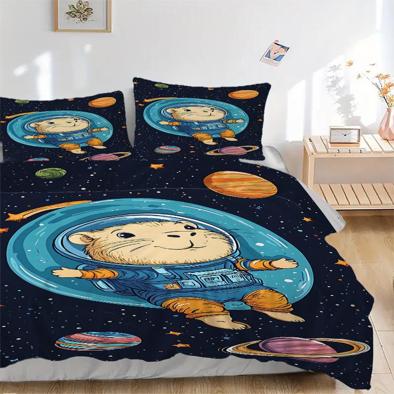 3pcs Space Hamster Bedding Set - 1 Duvet Cover + 2 Pillowcases(Core Not Included), Machine Washable Polyester yy251216129