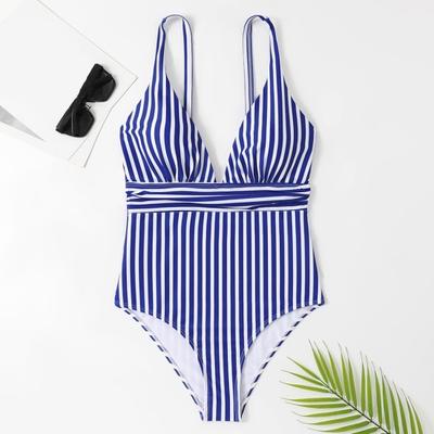 Летний монокини с V-образным вырезом, открытой спиной, цельный купальник-бикини с полосатым принтом, быстросохнущий, облегающий, облегающий, контурирующий фигуру монокини