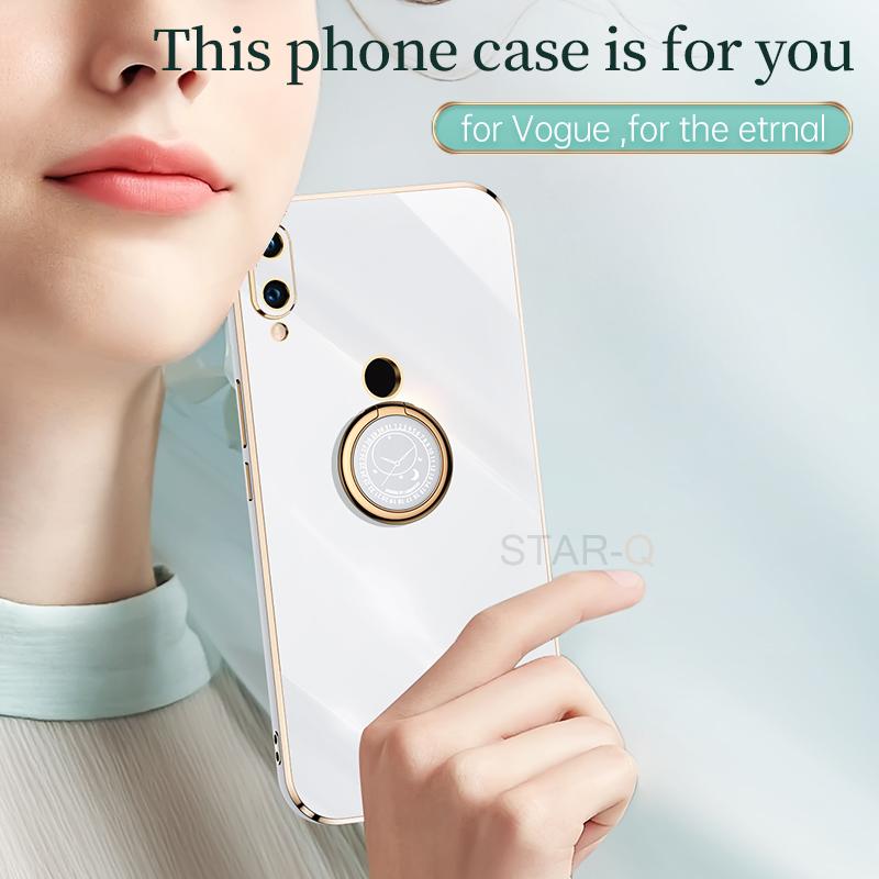 Plating Square Ring Holder Phone Case On For Xiaomi Redmi Note 7 Pro Xiomi Note7 7pro Luxury Bumper Soft Silicone Stand Cover