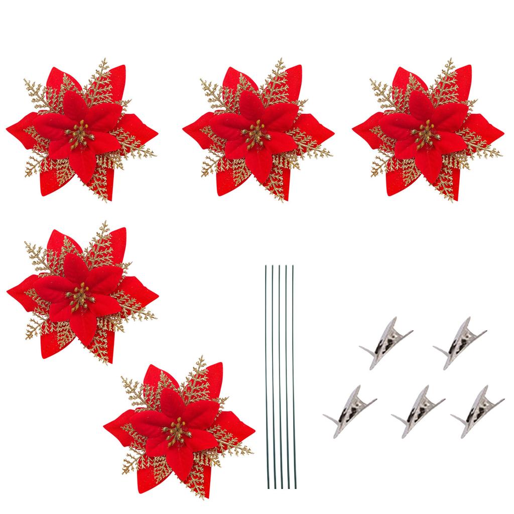 Блестящие рождественские цветы, искусственные цветы, веселые рождественские украшения, украшения для дома, елочные украшения, 5 шт.