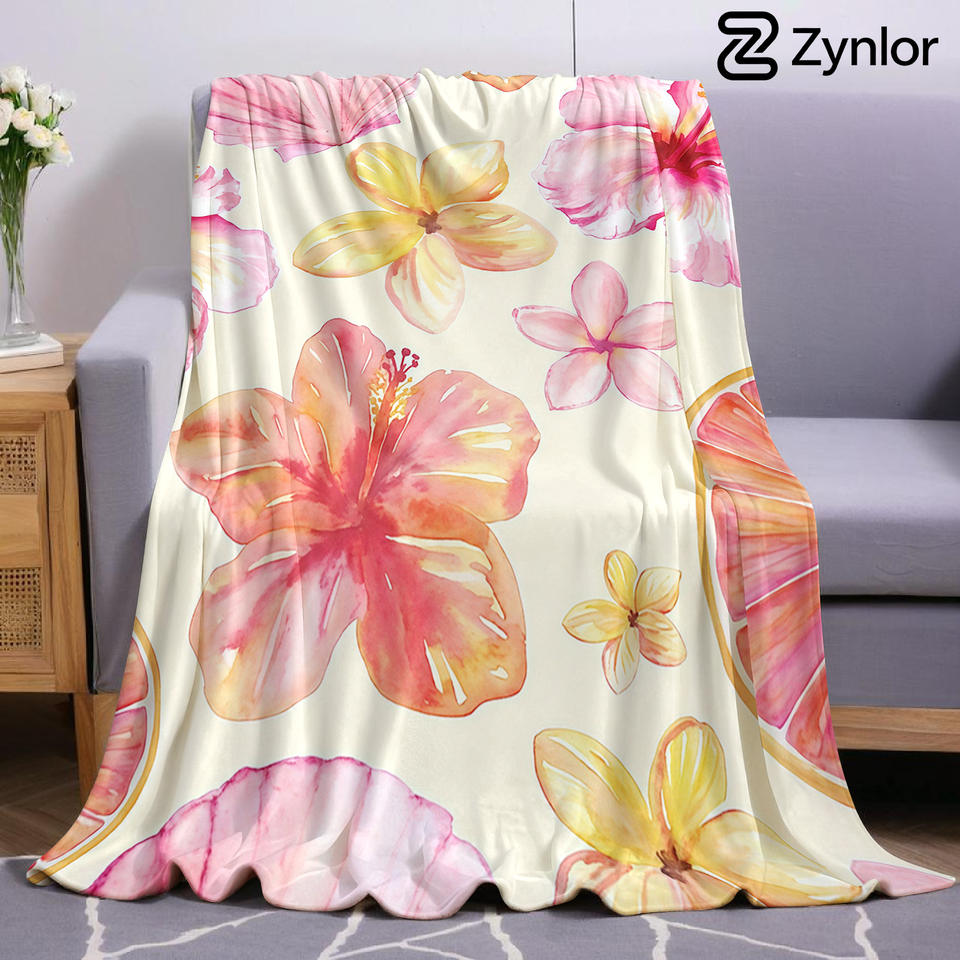 Tropical Hibiscus Shell Cartoon Anime Print Flannel Blanket Soft Warm Throw for Kids Bedroom Sofa Bed Christmas Office Car