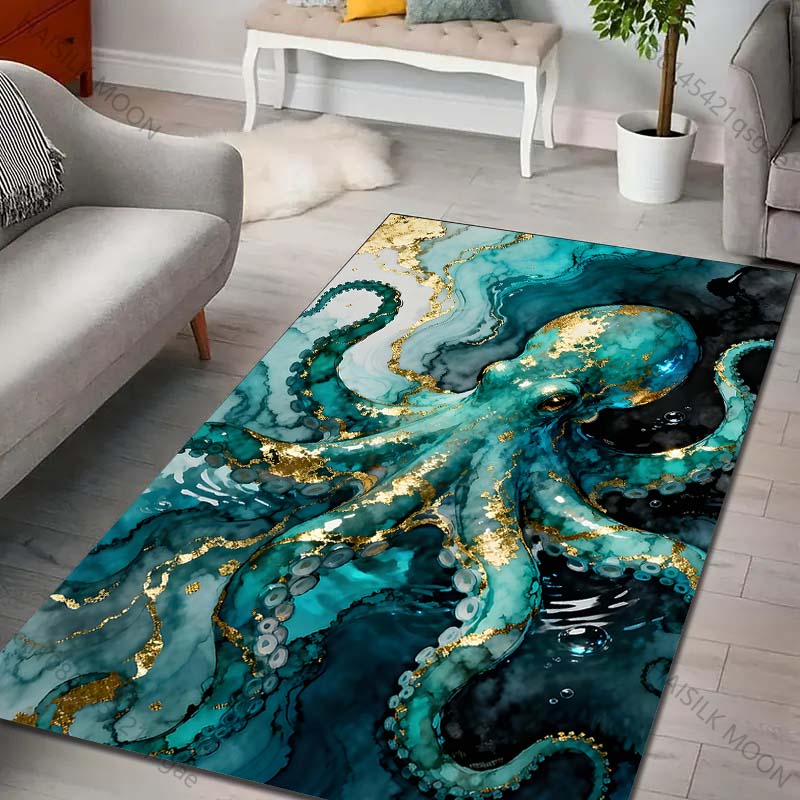 Multiple sizes Blue octopus with gold textures Carpet for Living Room Bedroom Sofa Home Decor Rug Non-slip Floor Mat Luxury Gift