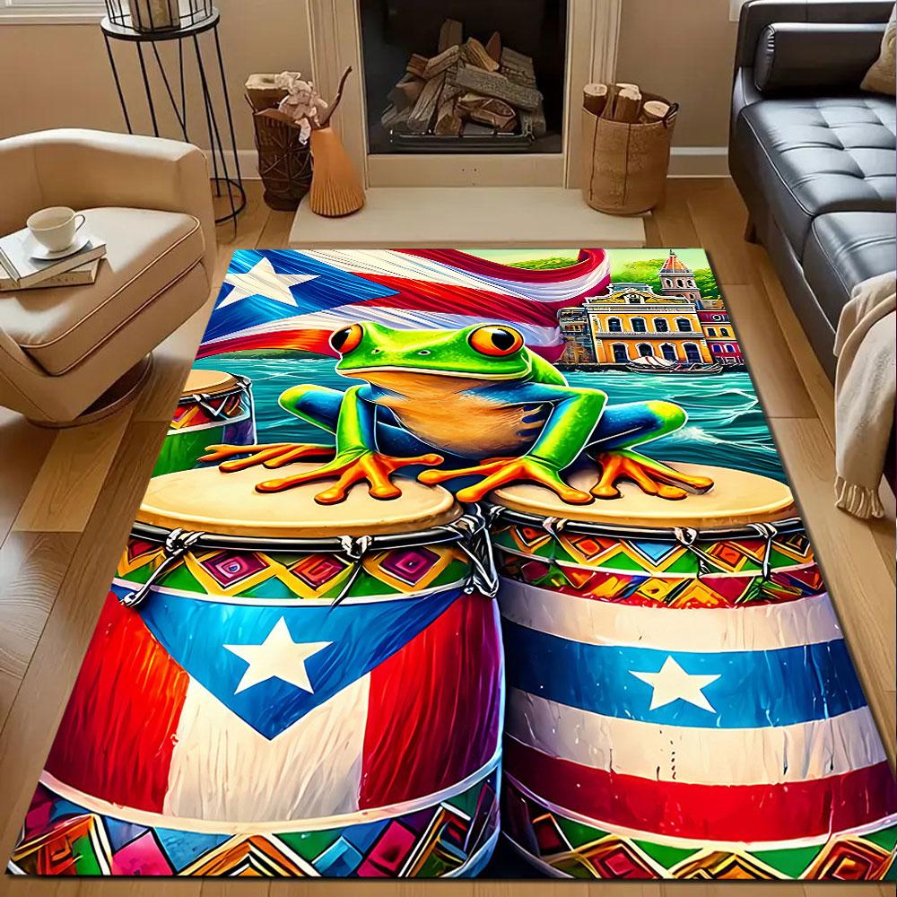 Frog on Puerto Rican Drums Patterned carpet, non slip mat suitable for living room and bedroom sofas