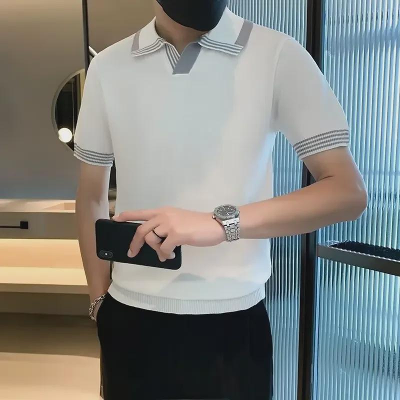 Мужская летняя вязаная рубашка поло облегающего кроя - Дышащая, в повседневном деловом стиле с лацканами, с короткими рукавами
