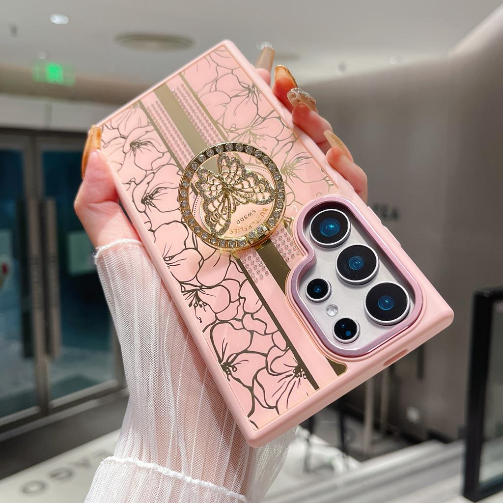 For Samsung Galaxy S25 Ultra Case Flower Pattern TPU+PC Phone Back Cover with Butterfly Kickstand