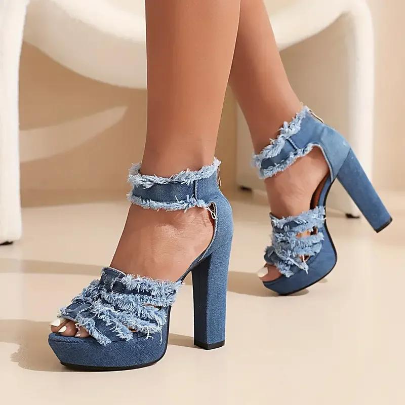 Women's Shoes New Back Zipper Women's Sandals Fashion Peep Toe Dress Sandals Women Summer Plus Size Solid Heeled Sandals