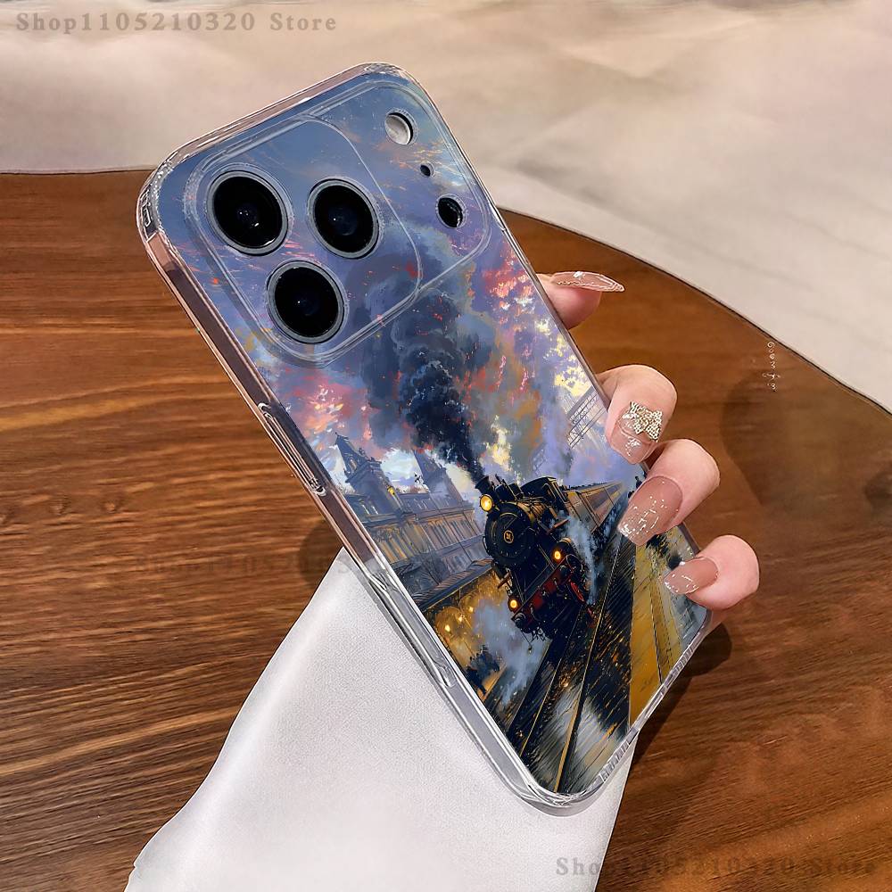 Классический паровоз Железная дорога Чехол для телефона iPhone17 16 15 14 13 12 11 Pro Max Plus Mini Прозрачный Полная задняя крышка Силиконовый Мягкая оболочка