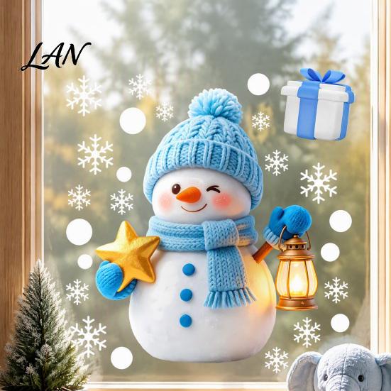 Winter Holiday Glass Clings Christmas Window Clings, Cute Cartoon Snowman Stickers, Snowflake Double-Sided Seasonal Store Displays Static Decal