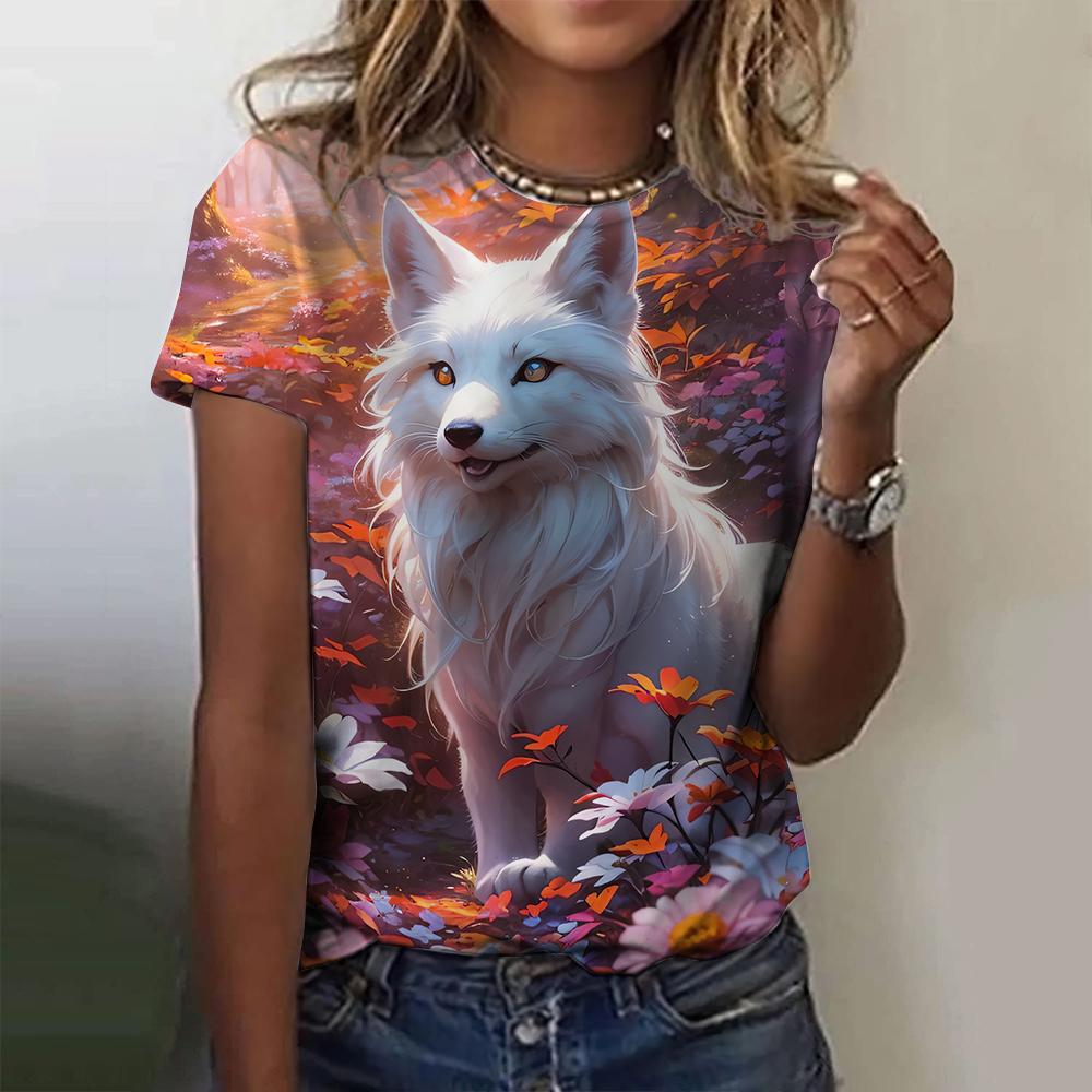 3D printed fox pattern women's T-shirt summer casual round neck top short sleeve loose T-shirt daily outing short sleeve