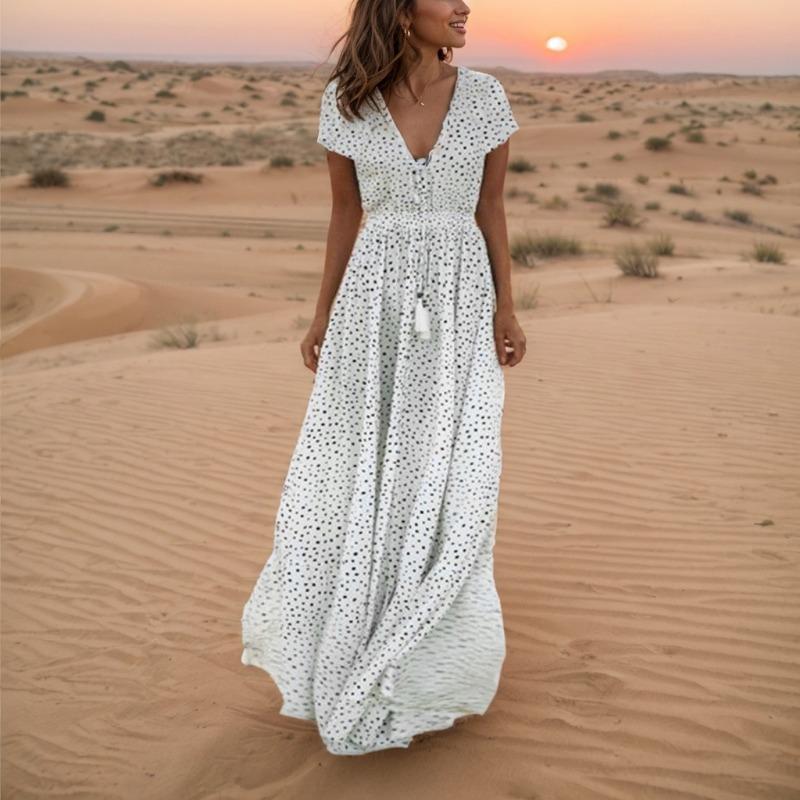 Стильное летнее платье с V-образным вырезом и коротким рукавом, длинное платье в горошек в стиле бохо на праздники