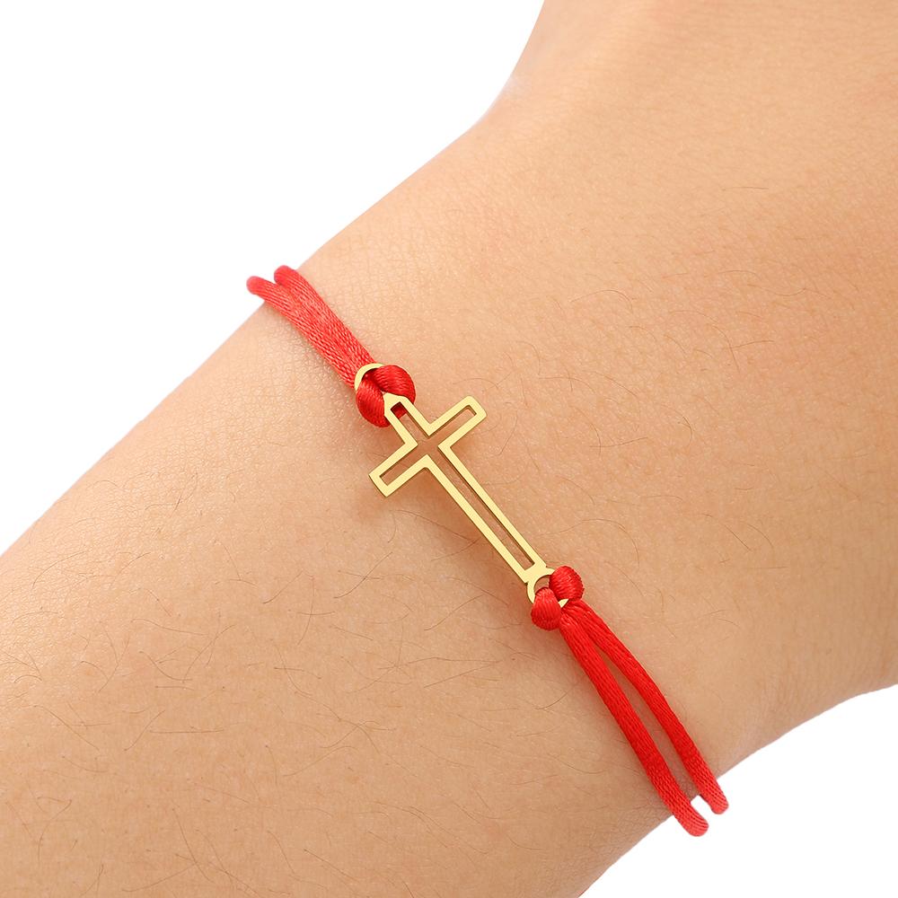 Браслеты из нержавеющей стали Готический полый крест Ручная плетеная удача Черная красная веревка Модный браслет-шарм для женщин Циркон Подарки