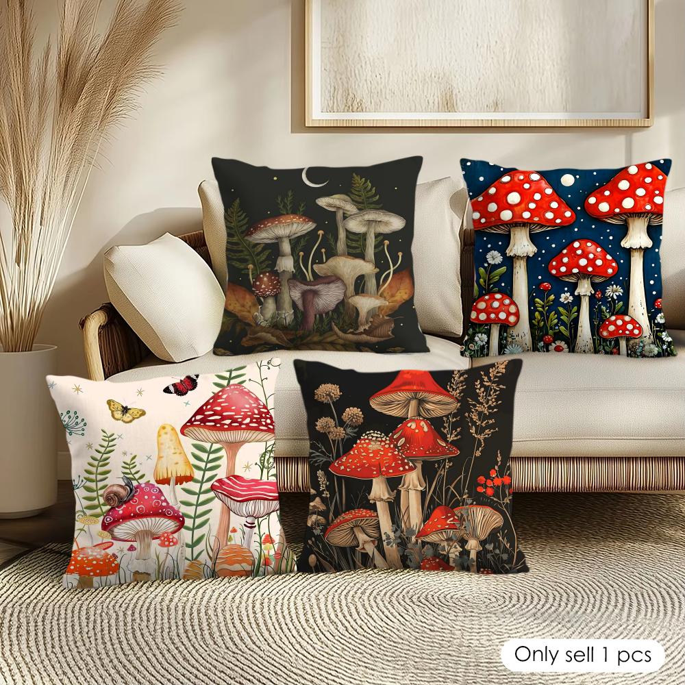 Mushroom Illustrations Cushion Cover Pillowcase Ultra Soft Skin Friendly Fabric Cloud Like Comfort Concealed Zipper