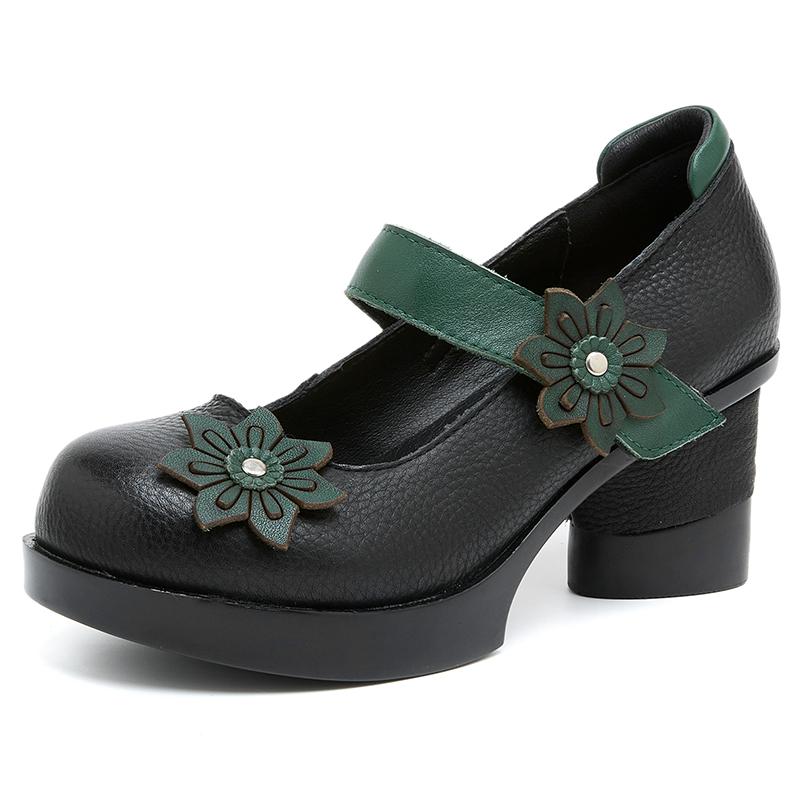 Fashion GKTINOO Spring Women Pumps Retro Lady 7CM High Heels Buckle Strap Flower Pumps Handmade Women Genuine Leather Shoes