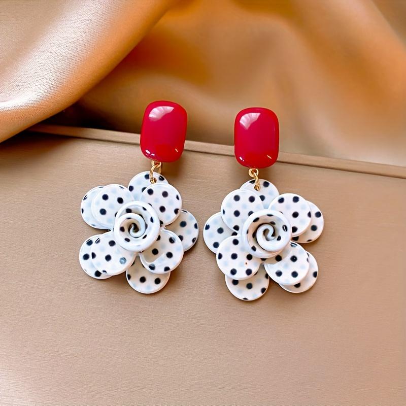 Elegant Vintage-Inspired Polka Dot Flower Dangle Earrings - Acrylic & Stainless Steel, Perfect for Daily Wear & Parties, Classic Style, All-Season Acc