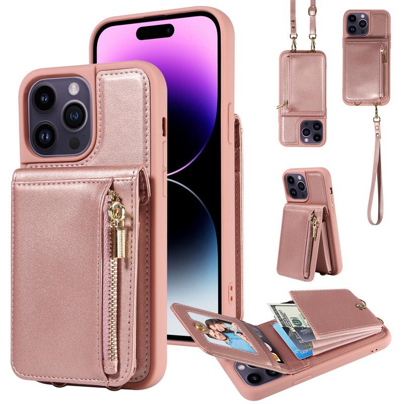 Кожаный кошелек-чехол на ремешке через плечо для iPhone 15, 14, 13, 12, 11 Pro Max с молнией и карманом для карт