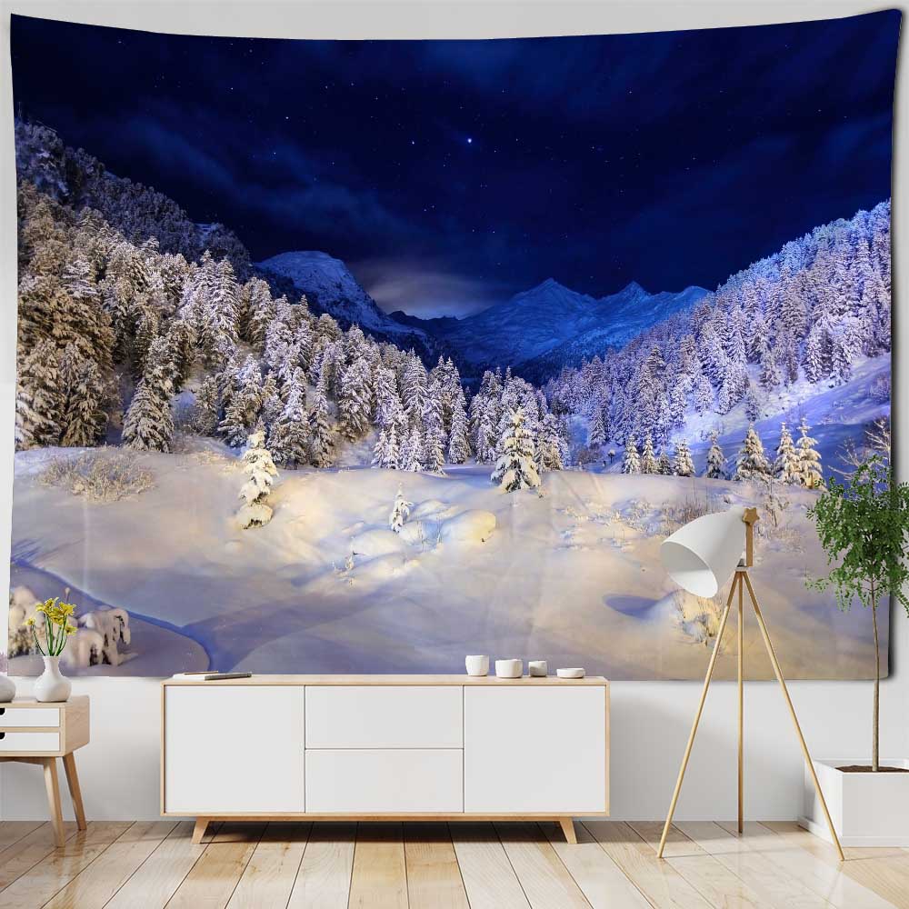 Christmas Tapestry Wall Hanging Winter Night Snowflake Elk Santa Claus Hanging Fireplace Blanket Gift Home Wall Decorations