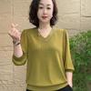 2025 Spring V-neck Chiffon Long Sleeve Blouse for Women – Solid Color Versatile Top for Middle-Aged and Elderly Moms