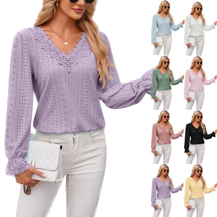 2024 Women's Solid Color V-Neck Long Sleeve Casual Loose T-Shirt