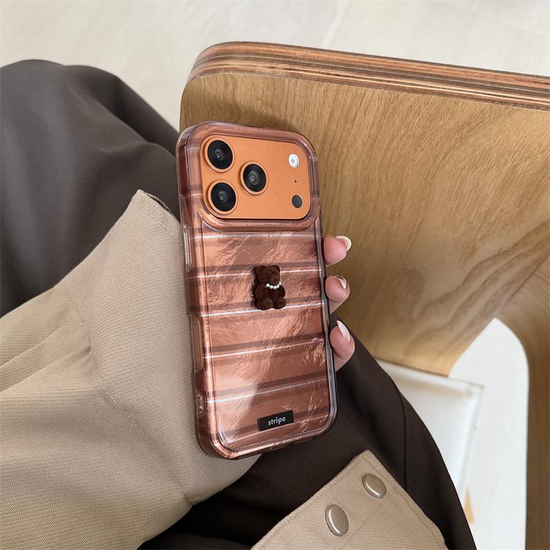Японский и корейский 3D чехол-медведь в полоску для iPhone 17/16 Pro Max/15/14 - Новый дизайн для девушек