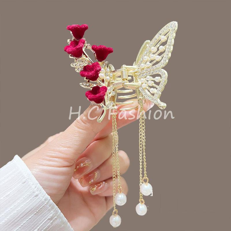Tassel Butterfly Pearl Hair Clip Women Hair Claw Hairpin Hair Crab Hairaccessory